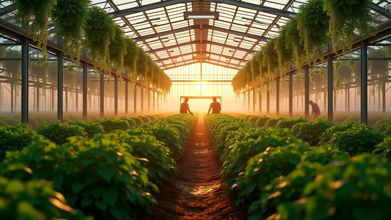 Workers tending rows of crops in a bright greenhouse at golden hour