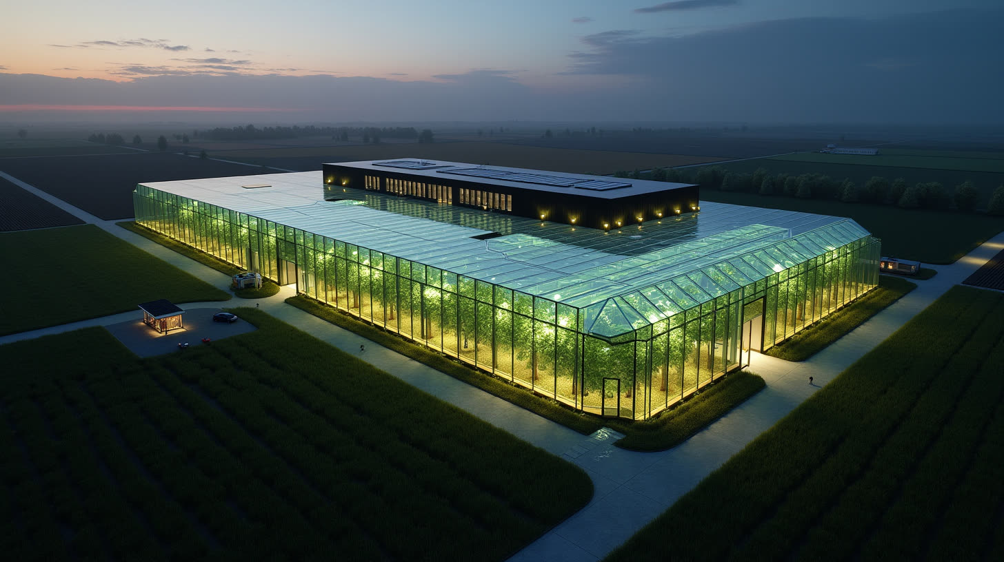 Rendu aerien au crepuscule du centre d'innovation en agrotechnologie SPUR - une serre de verre rayonnant de vert a cote d'un batiment de centre de donnees bas, sur des terres agricoles a Woolwich, en Ontario