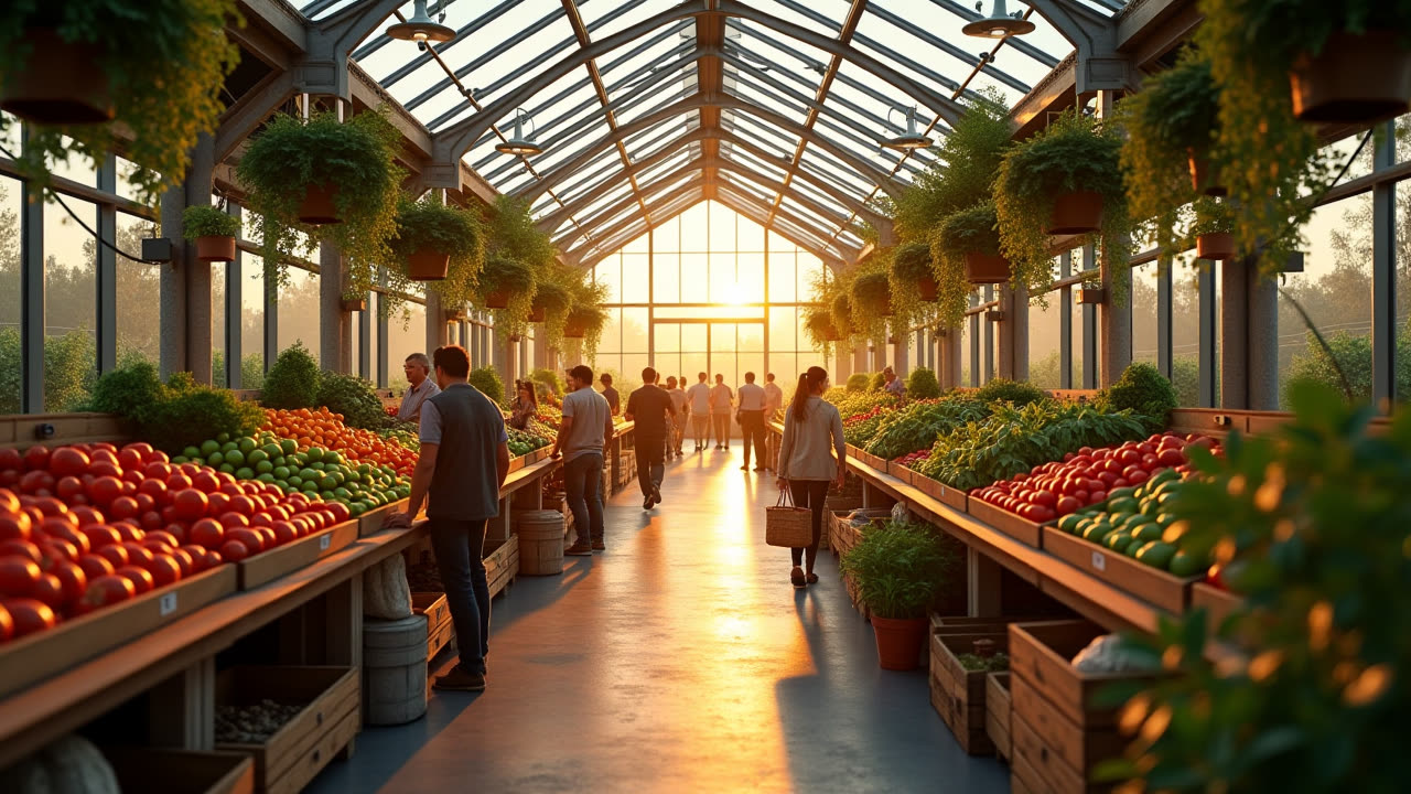 Local residents shopping for fresh produce at a market inside the campus greenhouse at sunset