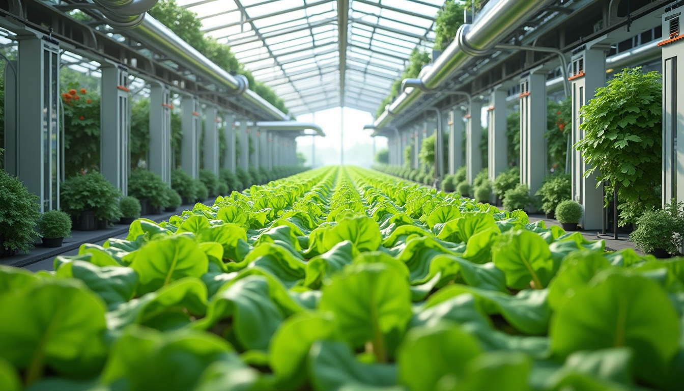A bright hi-tech greenhouse with rows of leafy crops and automated growing systems