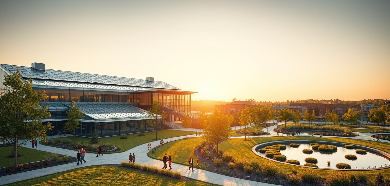 Golden-hour view of the completed ecological campus: a community park, cooling pond, solar-roofed building, and people strolling