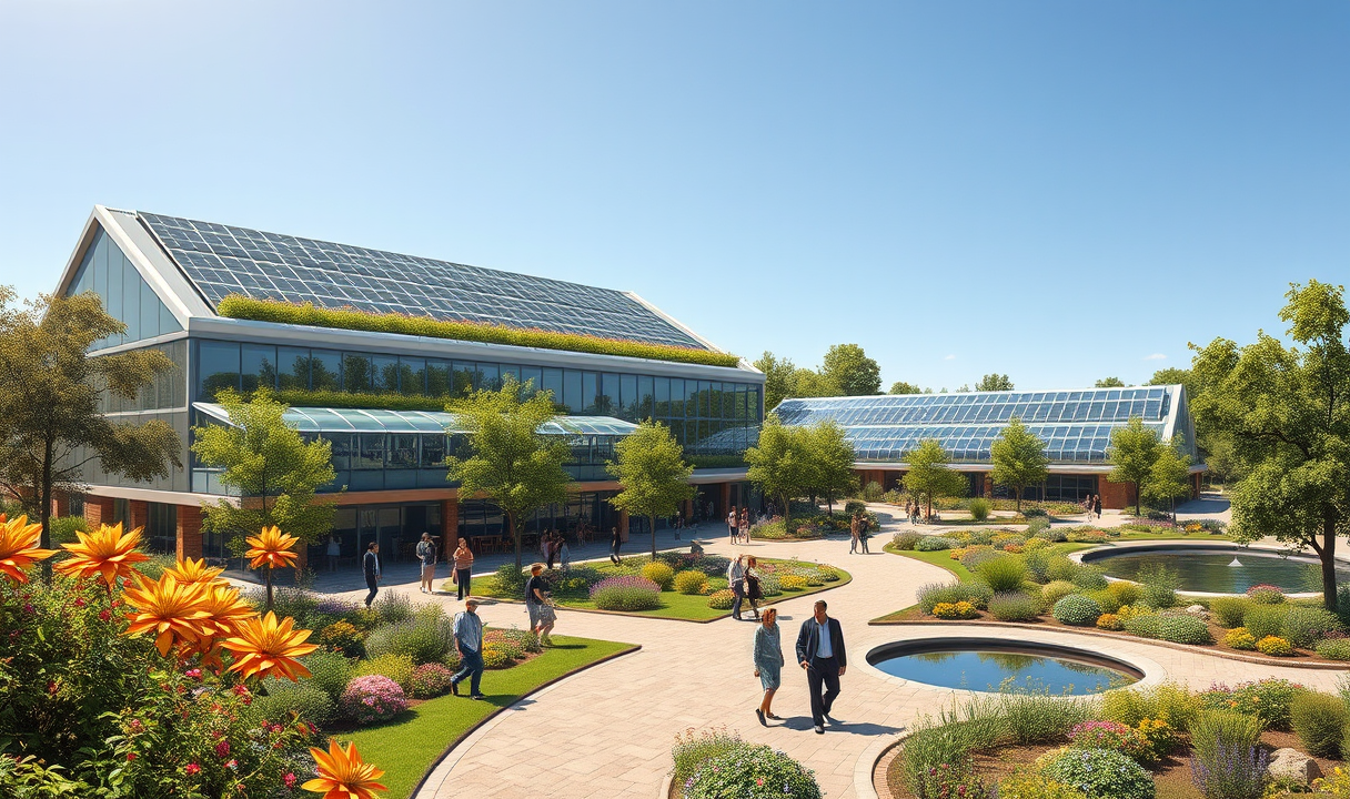 A vibrant green ecological innovation campus with solar roofs, greenhouses, gardens and people