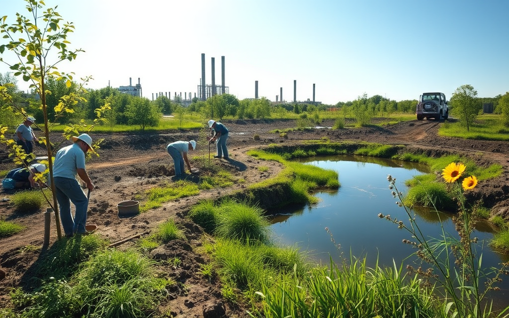 Workers remediating the former industrial site into clean green landscape