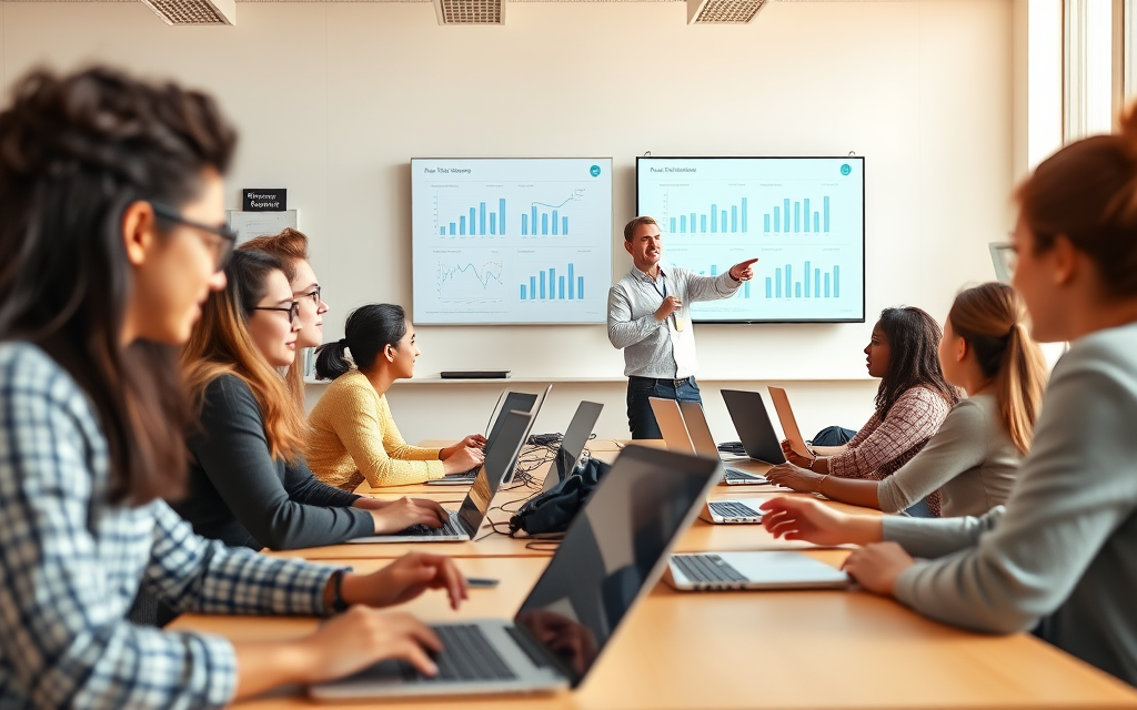 Students learning AI in a bright classroom at the innovation centre