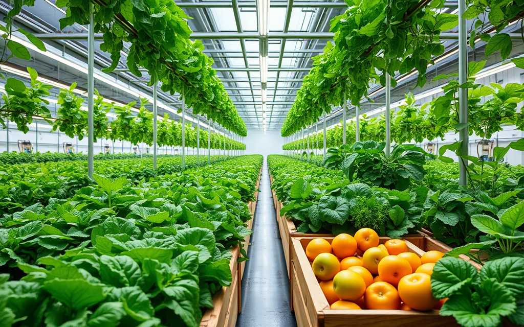 Fresh greens and produce growing in the on-site greenhouse and vertical farm