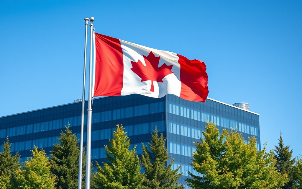 Canadian flag in front of a modern sovereign data centre