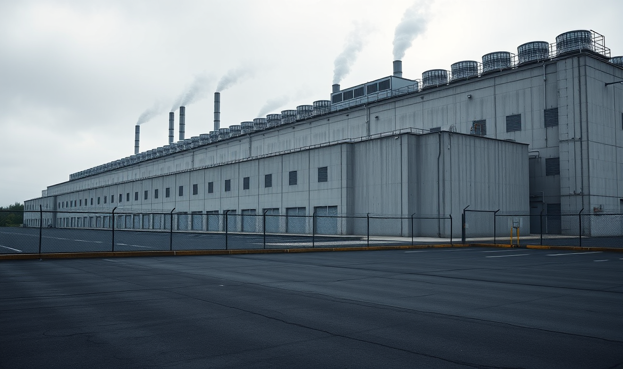 A cold grey industrial data centre with exhaust stacks, chain-link fence and an empty asphalt lot