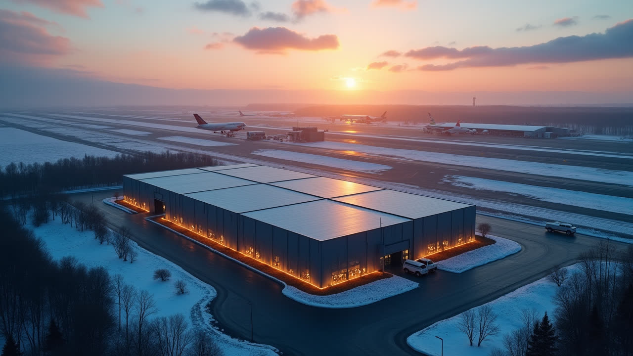 The SPUR Mirabel data centre on the grounds of Montreal-Mirabel International Airport at dusk, with runways and cargo aircraft beyond