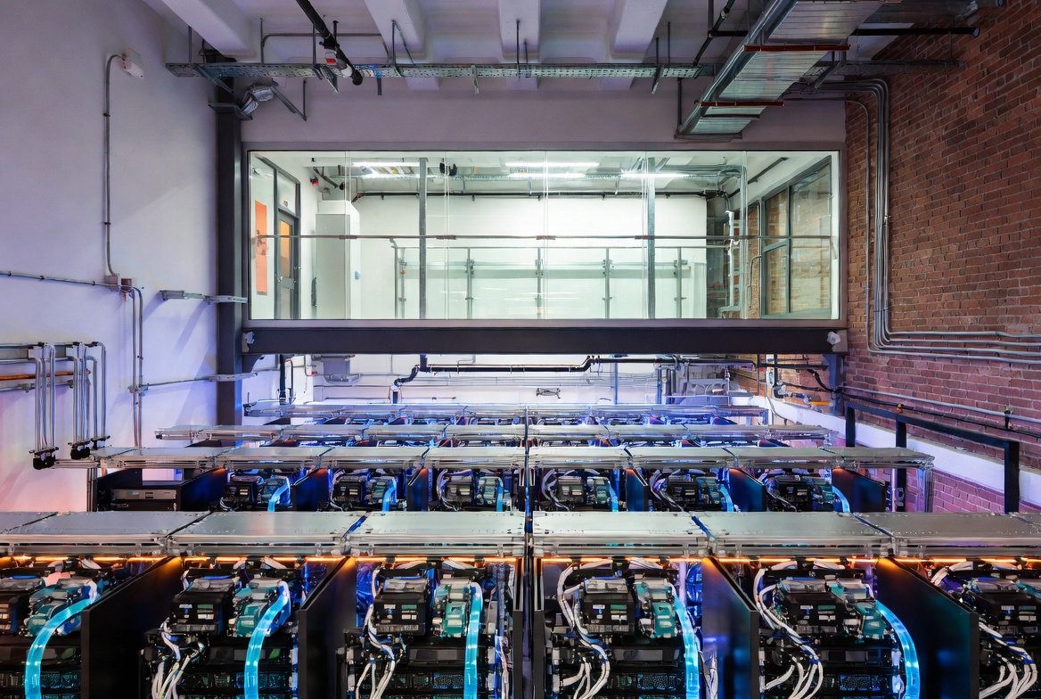 Inside the heritage mill data hall - GPU racks with blue indicator LEDs