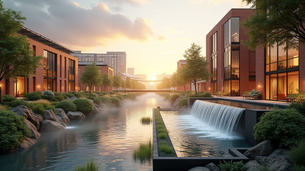 Closed-loop sustainable village at golden hour - waterfalls cooling the brick mill data centre, solar canopy, vertical gardens, and heat-recovery loops to the residences