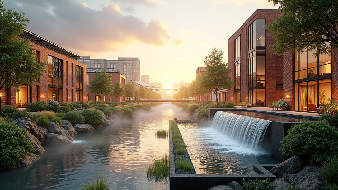 Closed-loop sustainable village at golden hour - waterfalls cooling the brick mill data centre, solar canopy, vertical gardens, and heat-recovery loops to the residences