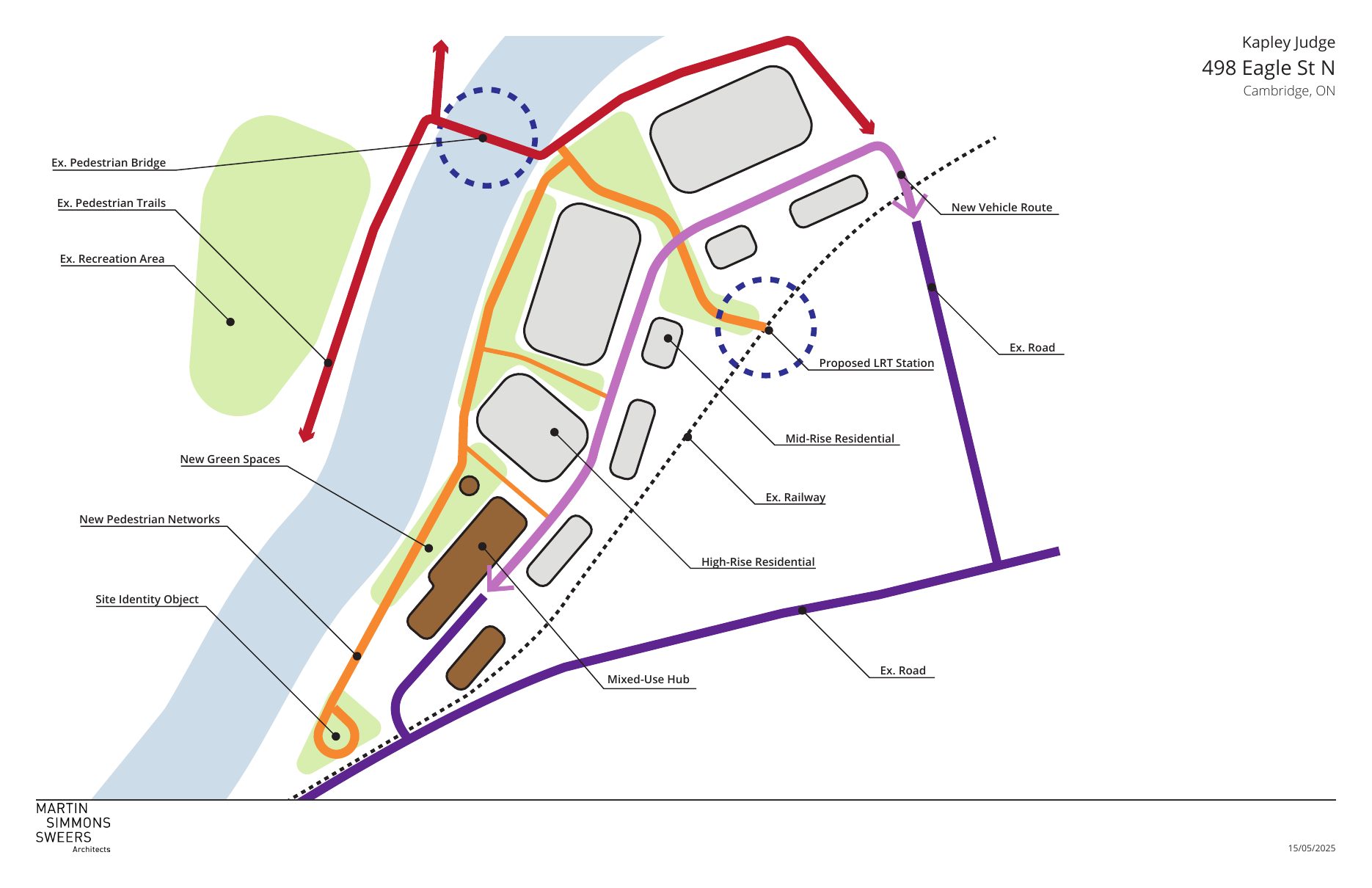 Site connectivity diagram - pedestrian, vehicular, transit, and green-space networks across the Cambridge riverfront village site