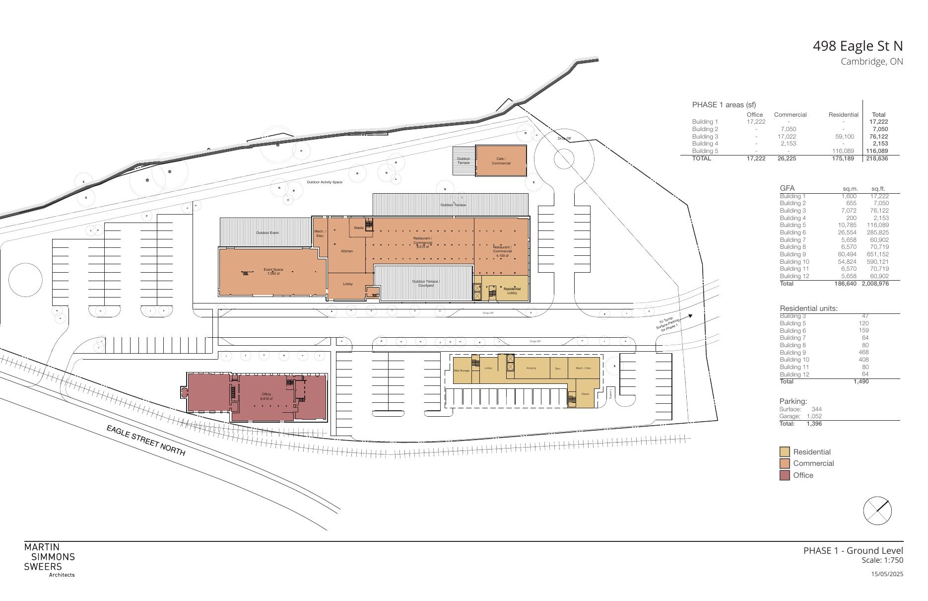 Phase 1 ground-level site plan with mill, retail/F&B floor, residential lobbies and parking