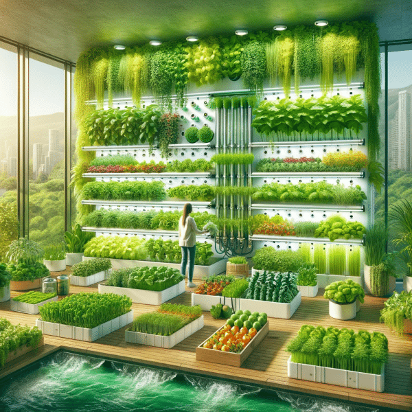 Vibrant hydroponic vertical garden with cascading greenery and lush living walls