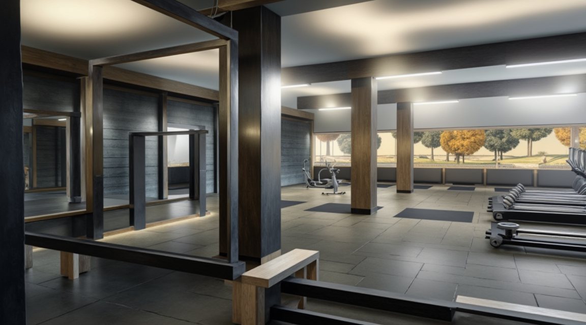 Strength floor with racks, cardio row and mirror wall